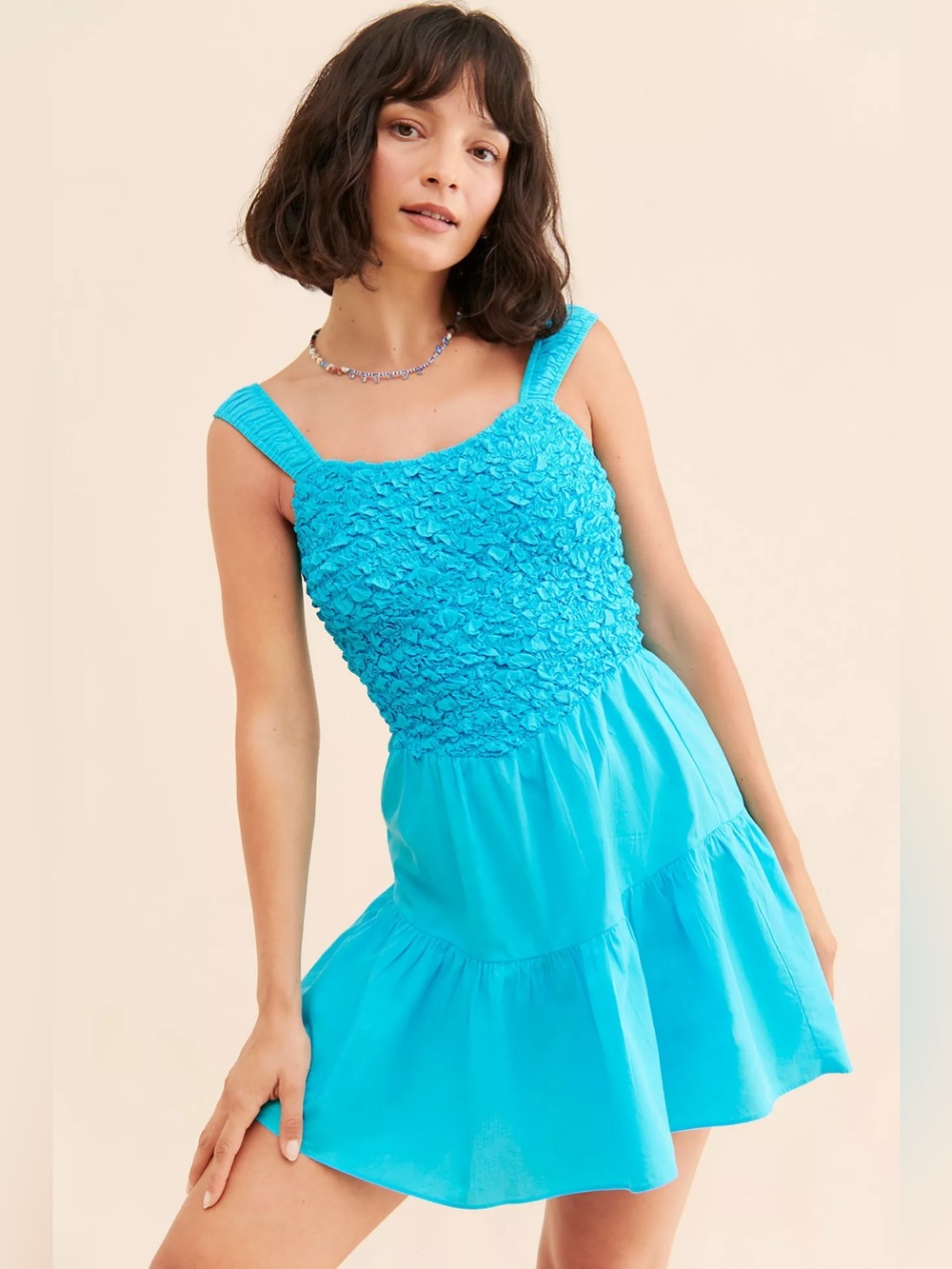 Saylor Mariah Smocked Mini Dress Turquoise Size Small